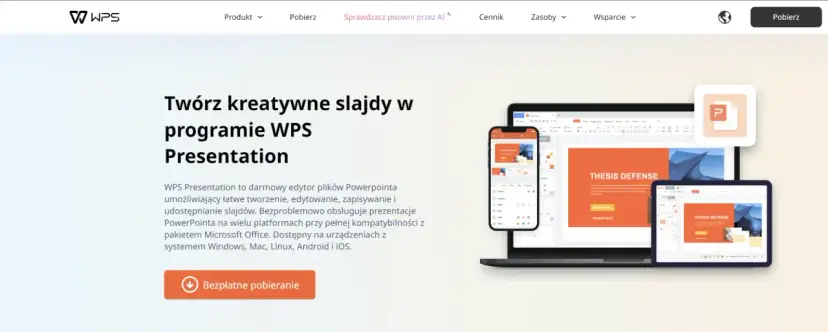 Strona do robienia prezentacji WPS Presentation. Twórz kreatywne slajdy na komputerze, telefonie i tablecie. Darmowy edytor kompatybilny z PowerPoint.