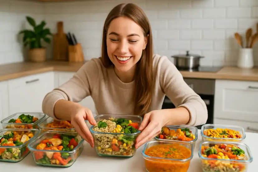 Uśmiechnięta kobieta układa w kuchni pojemniki z gotowymi posiłkami na kilka dni.