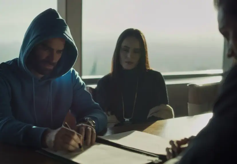 Mężczyzna w niebieskiej bluzie z kapturem podpisuje dokumenty. Obok siedzi kobieta, a z drugiej strony widać fragment twarzy kolejnej osoby. Czy to on wie, kto zabił Sarę?