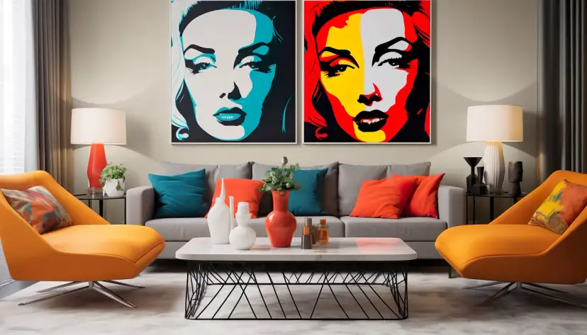 Dwa wyraziste obrazy akrylowe pop art z portretami kobiet, dominują w nowoczesnym salonie z pomarańczowymi fotelami i szarą kanapą.