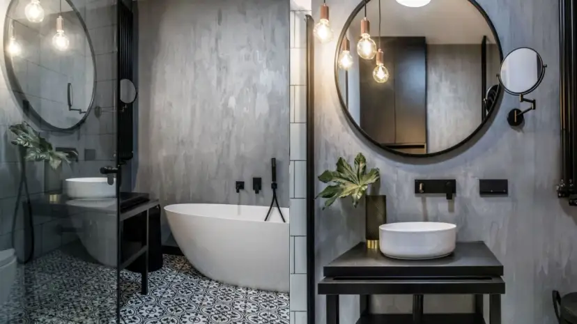 Nowoczesna łazienka w stylu loft z wolnostojącą wanną, umywalką nablatową i betonową ścianą.