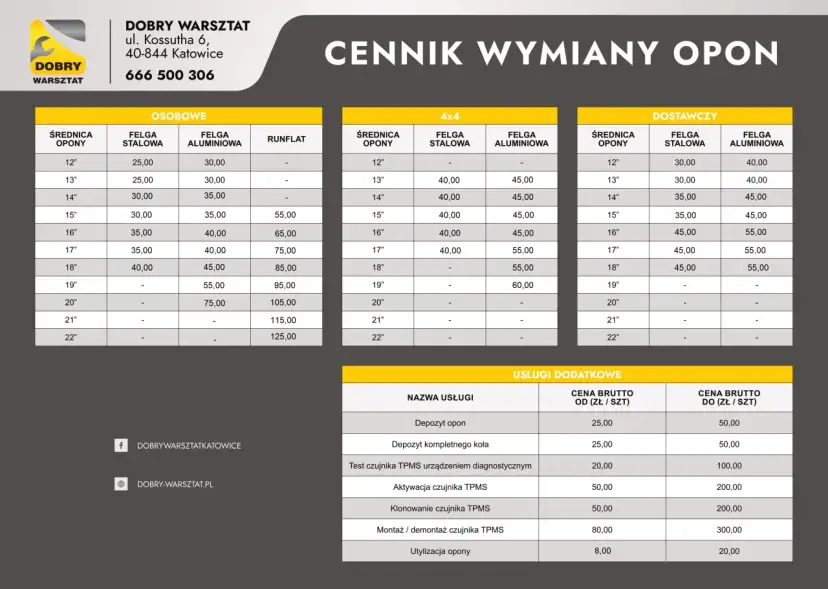 Cennik wymiany opon: tabele z cenami montażu opon osobowych, 4x4 i dostawczych, oraz usługi dodatkowe.