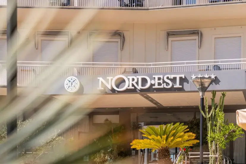 Hotel Nord Est sign with a compass logo and five stars, framed by palm fronds.