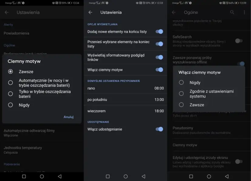 Ustawienia telefonu z włączonym ciemnym motywem Google. Wybór opcji: Zawsze, Automatycznie, Tylko w trybie oszczędzania baterii lub Nigdy.