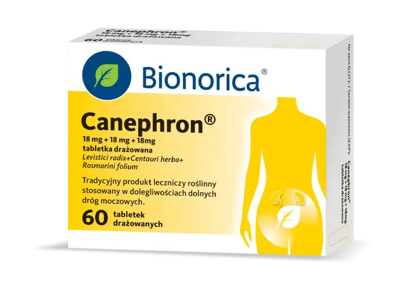 Opakowanie leku Canephron z grafiką przedstawiającą sylwetkę kobiety z nerkami i liściem.