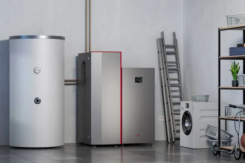 Nowoczesny piec do domu szkieletowego, obok bojler i pralka.