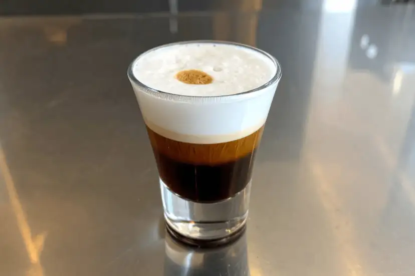 Kawa caffe coretto w szklance, z warstwami ciemnego espresso i białej pianki, ozdobiona złotą kropką.