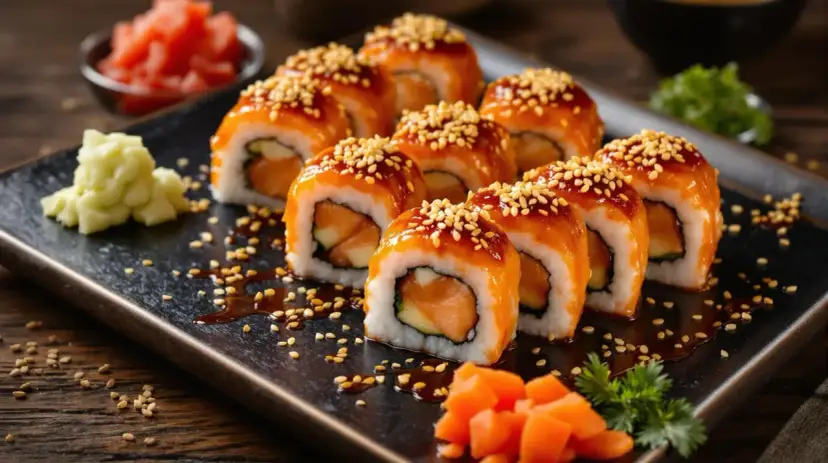 Futomaki z pieczonym łososiem, polane sosem teriyaki i posypane sezamem, prezentują się apetycznie na czarnej desce.