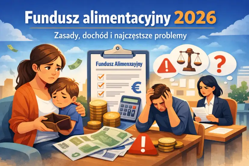 Jak obliczyć kryterium dochodowe do funduszu alimentacyjnego? Obraz przedstawia zmartwioną rodzinę, pieniądze i dokumenty, sugerując trudności finansowe.