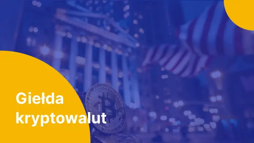 Giełda kryptowalut: Bitcoin i amerykańska flaga na tle nocnego miasta. Dowiedz się, giełda co to jest i jak działa.