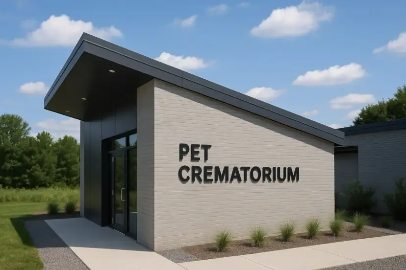 Nowoczesny budynek krematorium dla zwierząt z napisem "PET CREMATORIUM".