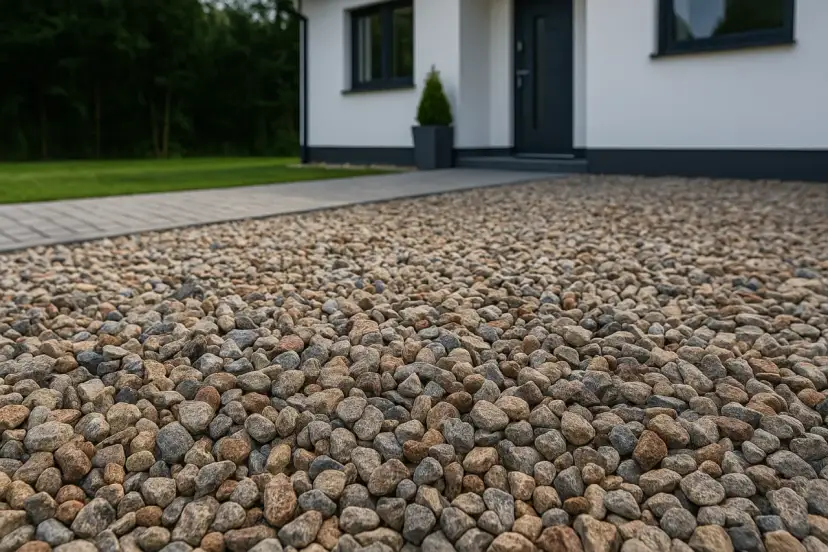 Zbliżenie na podjazd z żwiru o różnej wielkości i kolorze, obok domu.