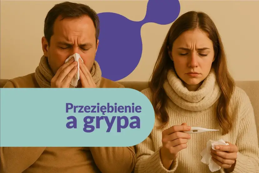 Mężczyzna z chusteczką przy nosie i kobieta z termometrem. Dyskutują, jakie leki na grypę wybrać, by szybko poczuć ulgę.