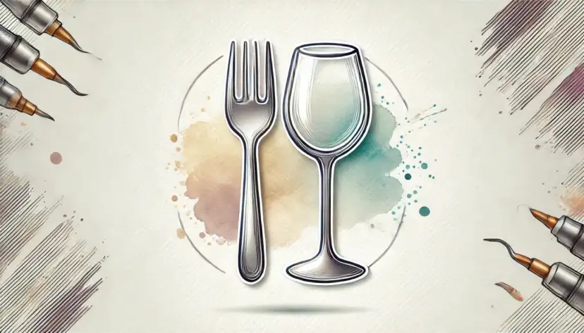 Stylizowane kieliszek i widelec oznaczenie na tle akwarelowych plam i szkiców.