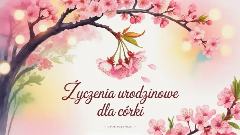 Kwiaty wiśni i delikatne światła tworzą tło dla życzeń urodzinowych dla córki.