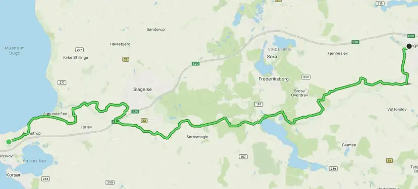 Trasa rowerowa przez Zelandię w Danii, od wybrzeża koło Korsør przez Slagelse, Sorø, aż do okolic Ringsted.