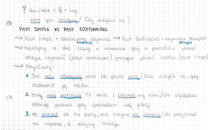 Notatki o czasach Past Simple i Past Continuous. Past Simple to zakończone czynności, Past Continuous to czynności trwające. Używamy ich, gdy jedna czynność (past continuous) przerywa inną, krótką (past simple).