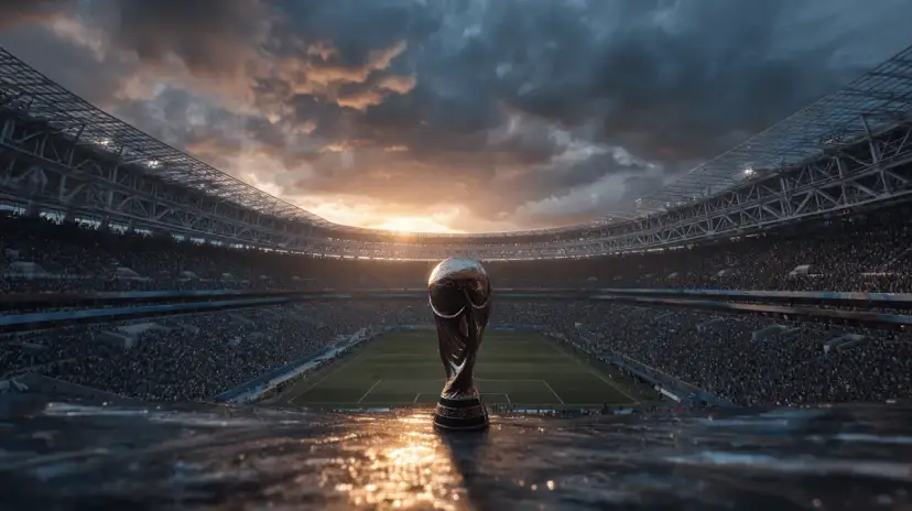 Puchar Świata na tle stadionu pełnego kibiców, gdy zbliżają się mistrzostwa świata w piłce nożnej.