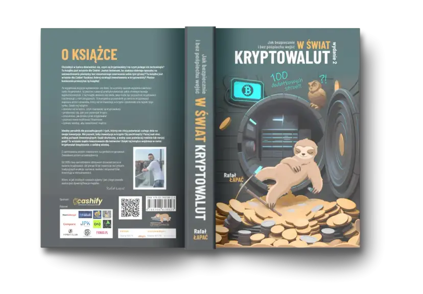 Kryptowaluty od czego zacząć? Książka "Jak bezpiecznie w świat kryptowalut" z leniwcem na stosie monet.