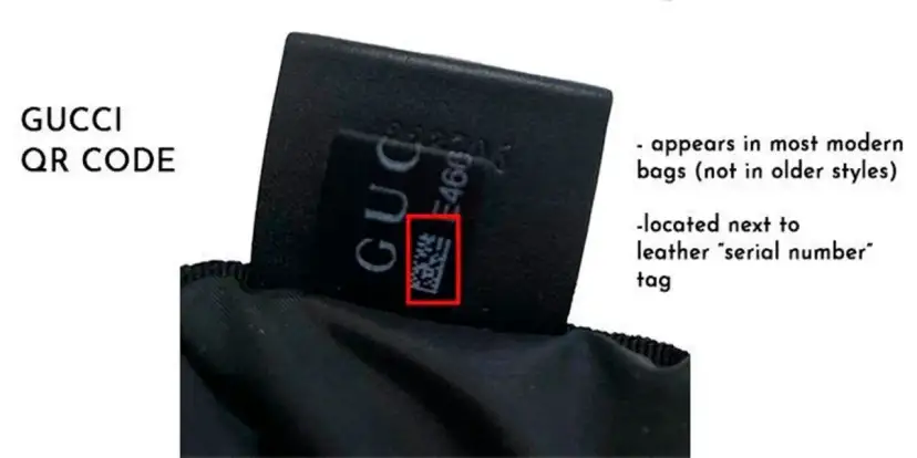 QR kod na metce torebki Gucci, potwierdzający jej oryginalność. Znajduje się obok numeru seryjnego.