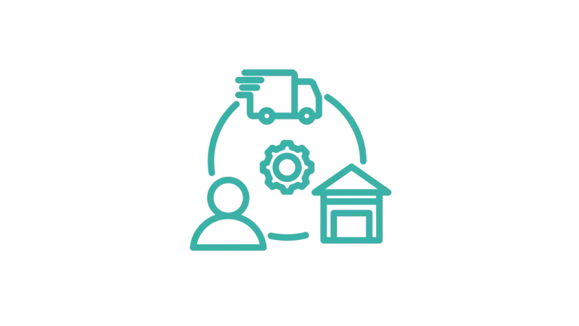 Ikona przedstawiająca proces sprzedaży: osoba, magazyn, ciężarówka i koło zębate.