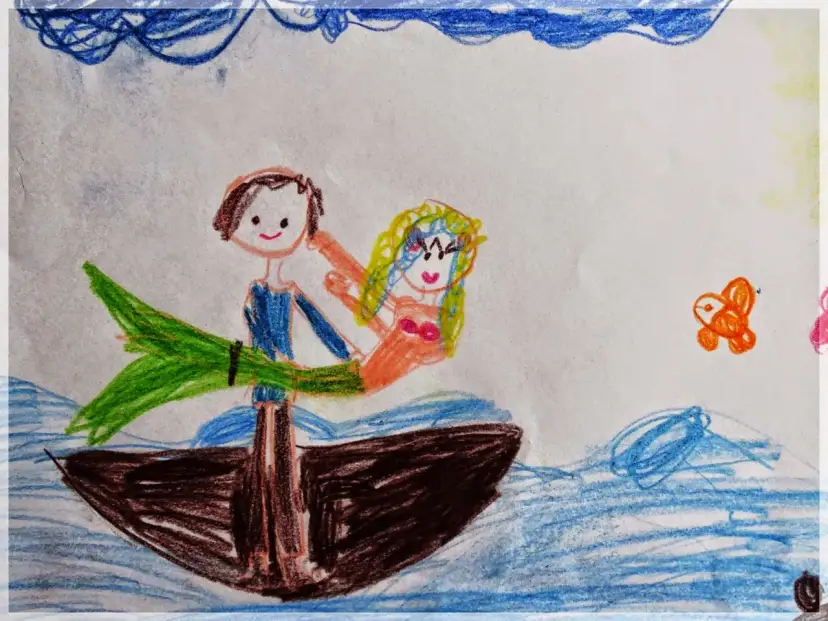 Wars i Sawa na łodzi, legenda o nich ożywa na rysunku. Syrena z rybim ogonem i rybak w łodzi.