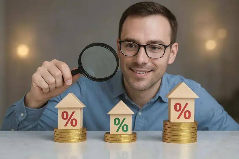 Mężczyzna z lupą analizuje domki z procentami na monetach. Szuka sposobu, jak zmienić kredyt na stałe oprocentowanie.