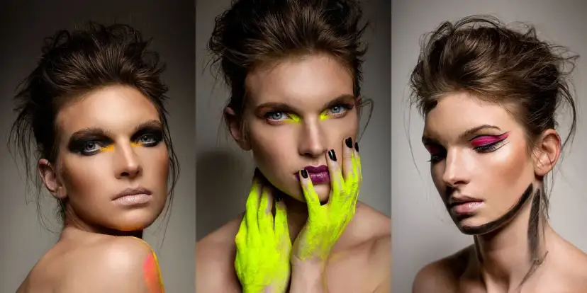 Trzy portrety beauty z odważnym makijażem: neonowy żółty, czarny i różowy.