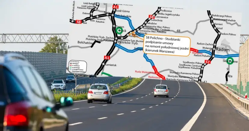 Mapa drogowa z zaznaczoną trasą S8 Polichno-Studzianki, w tle droga krajowa 88 z samochodami.