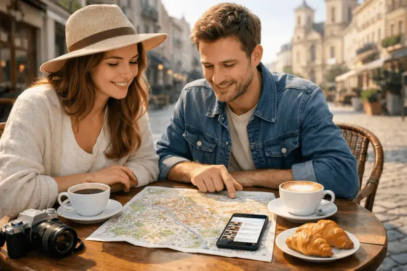 Para planuje weekendowy city break, studiując mapę i telefon przy kawie i croissantach.