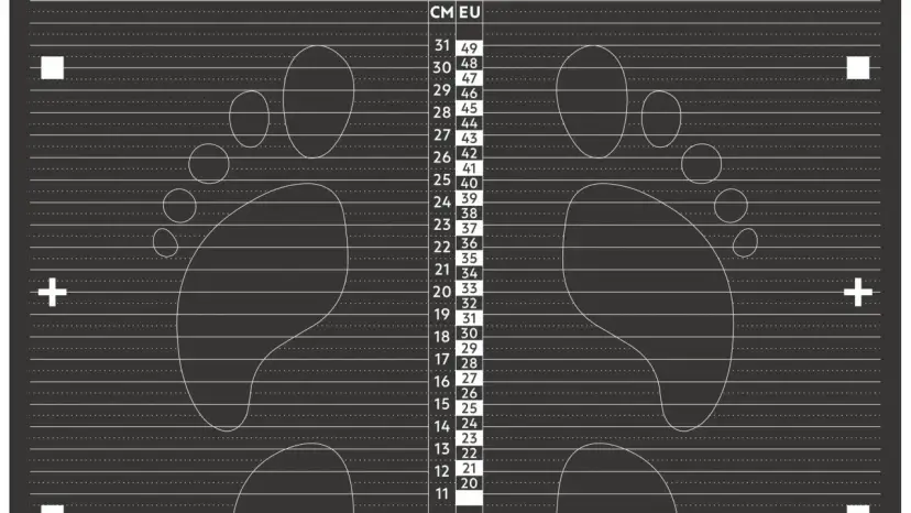 Schemat z obrysami stóp i tabelą rozmiarów butów w cm i EU.