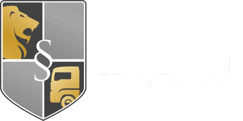Logo z lwem, paragrafem i ciężarówką. Napis "LEGALTRANS KANCELARIA TRANSPORTOWA".