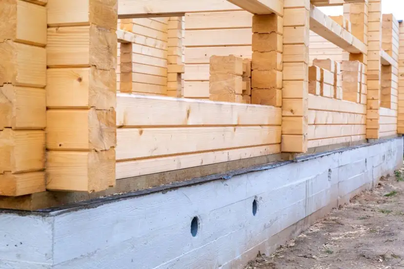 Budowa domu z bali 35m2. Fundament i ściany z drewnianych bali w trakcie budowy.