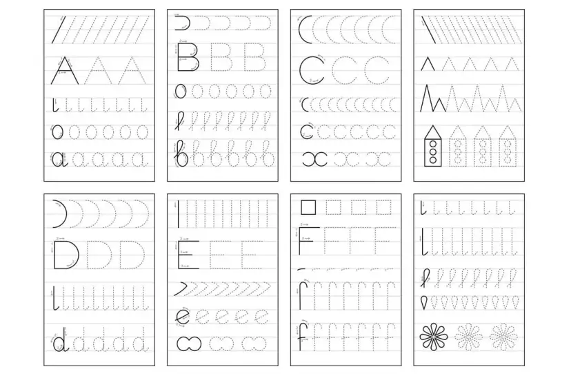 Zestaw ćwiczeń do nauki pisania liter drukowanych: A, B, C, D, E, F, a, b, c, d, e, f. Dzieci ćwiczą pisanie kształtów i liter.