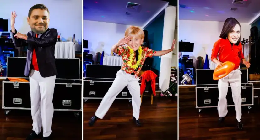 Trzy osoby w białych spodniach i z twarzami przyklejonymi do ciał tańczą. Zabawna alternatywa dla pierwszego tańca na weselu.