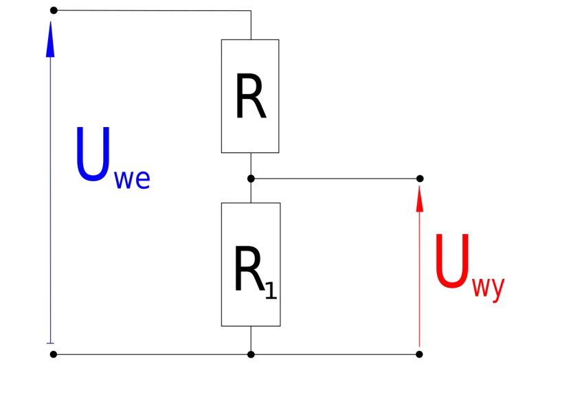 Schematyczny podział napięcia: Uwe (niebieskie) i Uwy (czerwone). Dzielnik napięcia wzór.