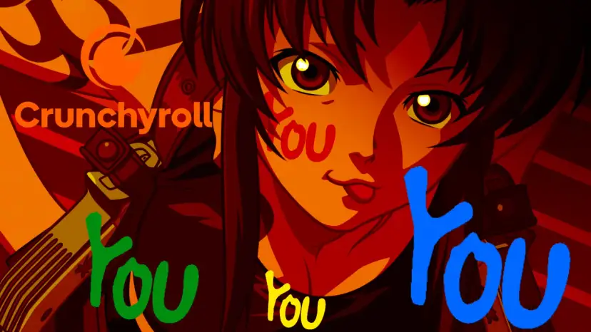 Anime-Figur mit Crunchyroll-Logo und bunten "you"-Schriftzügen.