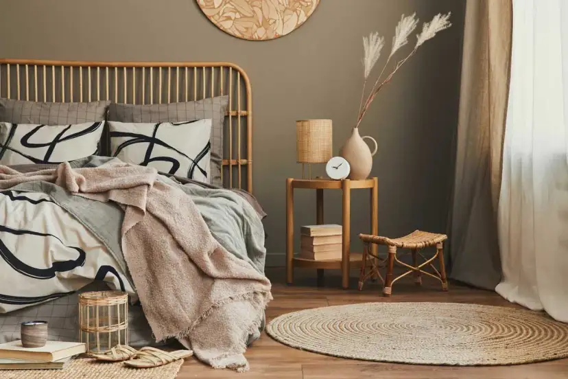 Dormitorio con cama de ratán, ropa de cama beige y gris, manta rosa, mesita auxiliar de madera y alfombra redonda.