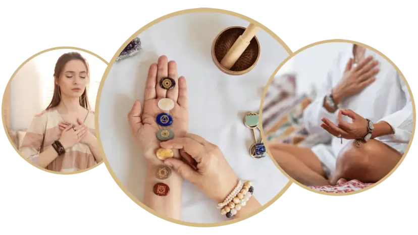 Kobieta medytuje, dotykając serca. Na dłoni ma kamienie z symbolami czakr, które pomagają jak otworzyć czakrę serca.