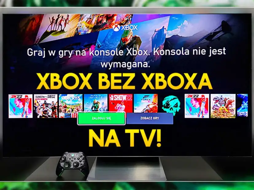 Graj w gry na telewizor bez konsoli Xbox! Ekran TV wyświetla kolekcję gier, zachęcając do zabawy.