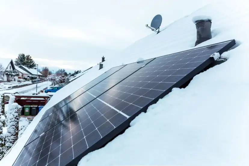 Panele fotowoltaiczne na dachu pokrytym śniegiem. Nawet zimą, przy odpowiednim nachyleniu, mogą produkować energię.