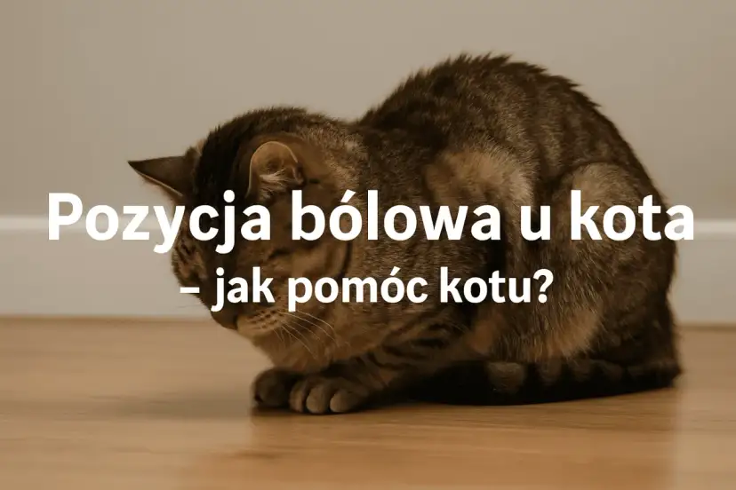 Zgarbiony kot z opuszczoną głową. Tekst: "Pozycja ból u kota - jak poznać że kota coś boli?".