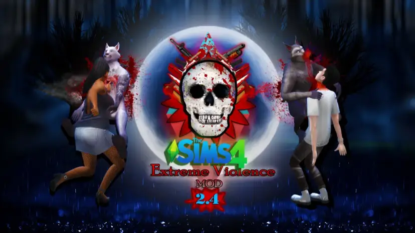 Grafika z gry The Sims 4 z motywem przemocy, czaszką i wilkołakami.