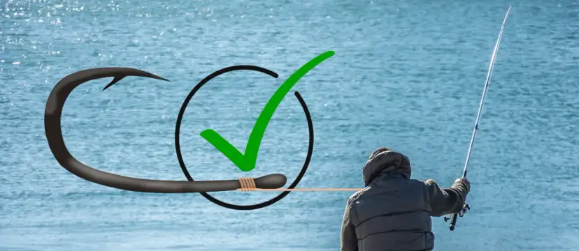 Prawidłowo zawiązany haczyk na żyłce, potwierdzony zielonym zaznaczeniem. Wędkarz czeka na branie.