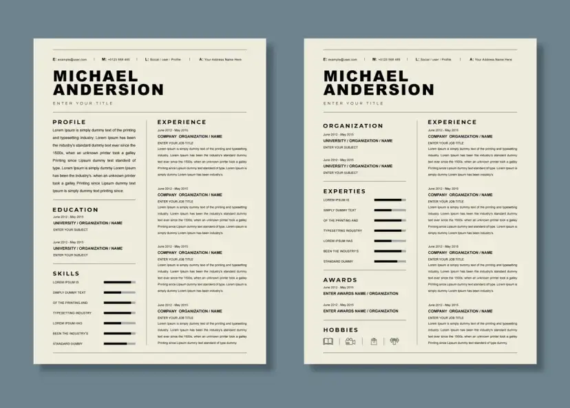 Dwa przykładowe CV z sekcjami: dane kontaktowe, profil, doświadczenie, edukacja, umiejętności, organizacja, ekspertyzy, nagrody, hobby.