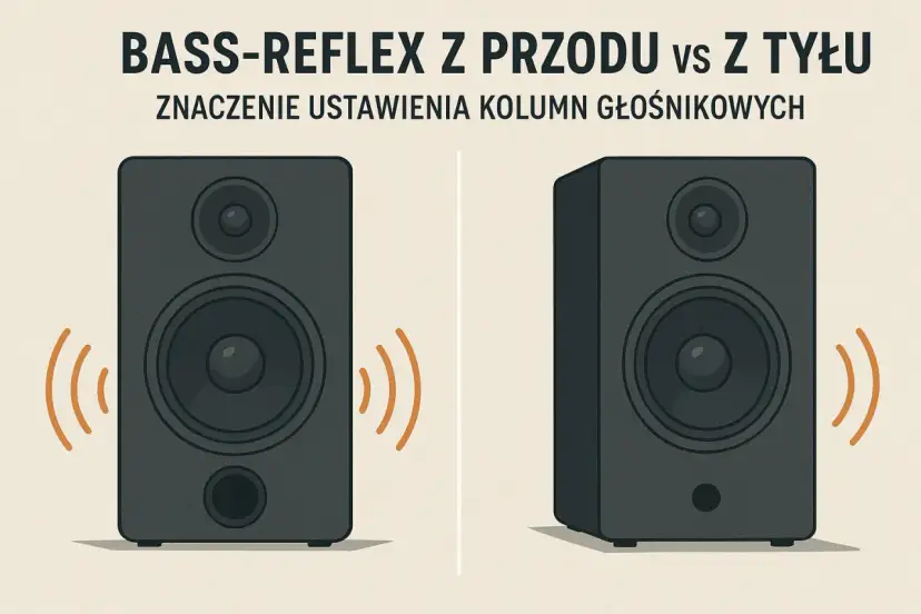 Dwa głośniki: jeden z bass-reflex z przodu, drugi z tyłu. Ilustracja pokazuje znaczenie ustawienia kolumn głośnikowych.
