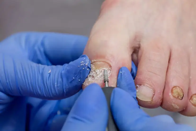 Podolog z niebieskimi rękawiczkami używa frezarki do paznokci, aby oczyścić zniszczony paznokieć u stopy. To wizyta u lekarza do jakiego lekarza z paznokciami.