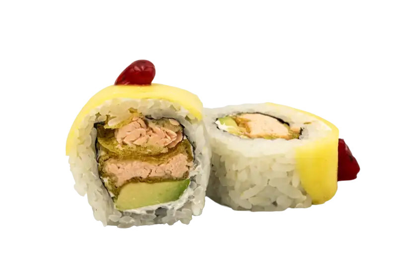 Dwa kawałki sushi z łososiem, awokado i żółtym serem, ozdobione czerwoną kropką. Jeden kawałek sushi mango jest przekrojony, ukazując wnętrze.