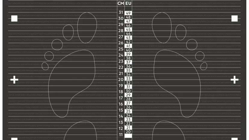 Tabela rozmiarów obuwia z zaznaczonymi śladami stóp. Sprawdź, ile cm ma stopa i dobierz odpowiedni rozmiar.