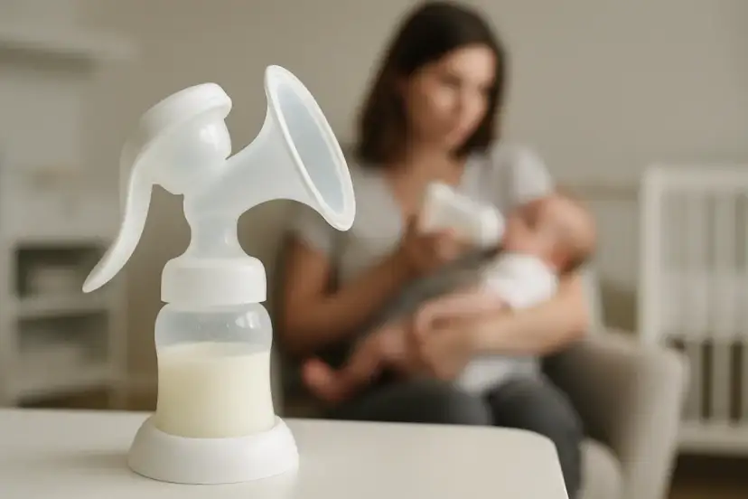 Laktator z mlekiem na pierwszym planie, w tle mama karmiąca dziecko butelką.